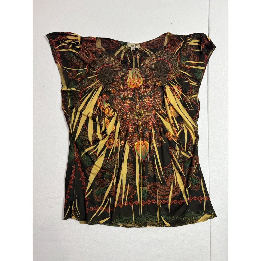 One World Women Medium Boho Paisley Embellished V-Neck Cap Sleeve Top Brown